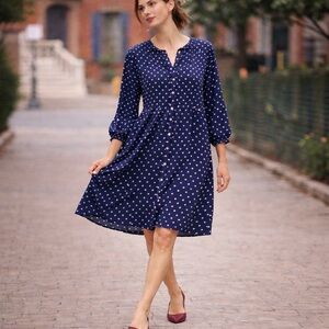 Maeve Navy Polka Dot Smocked Neck Midi Medium Dress Medium Boho Cottagecore